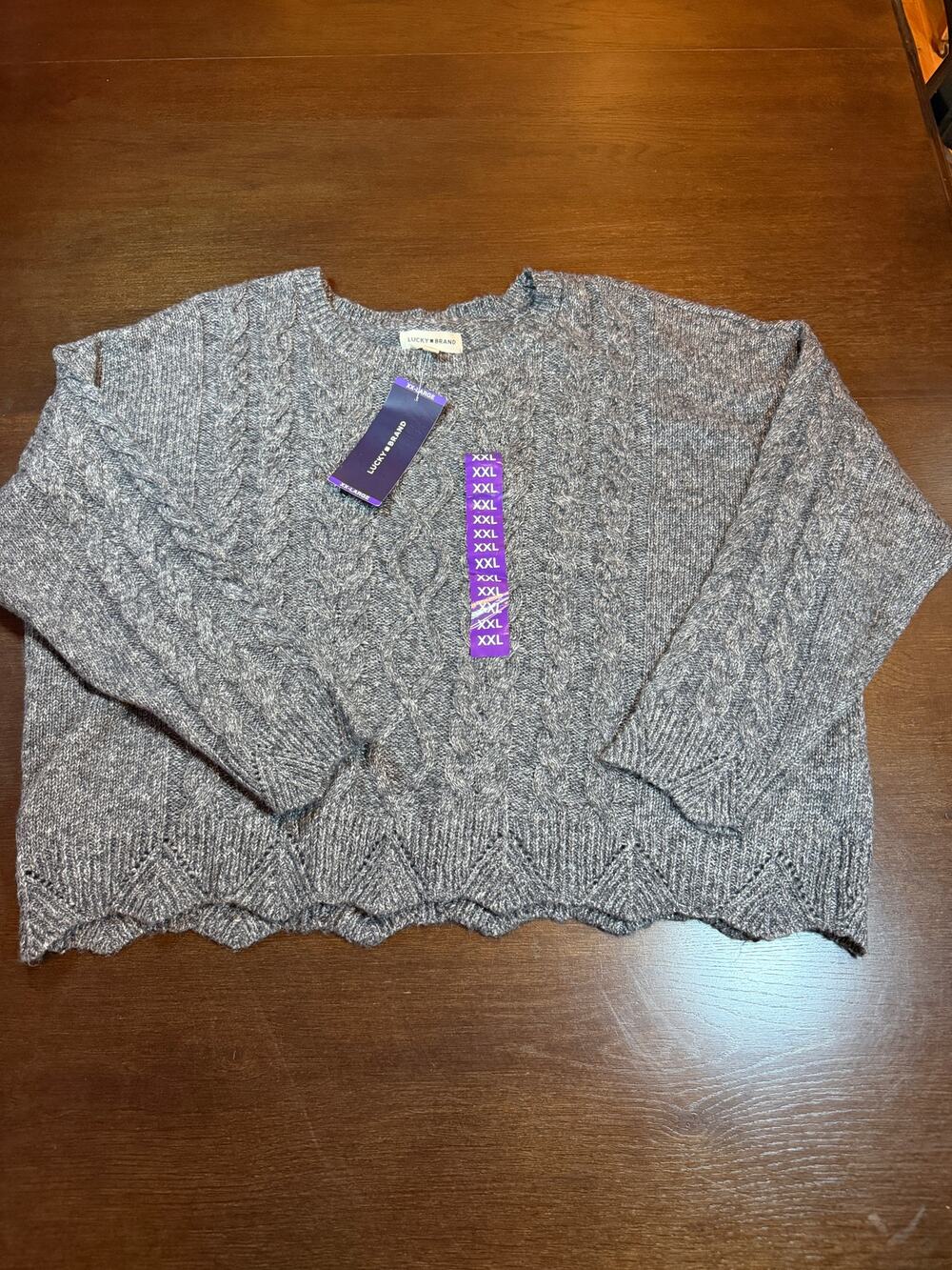 NWT Lucky Brand Gray Boxy Sweater XXL Scallop Hem Relaxed Coastal Chic